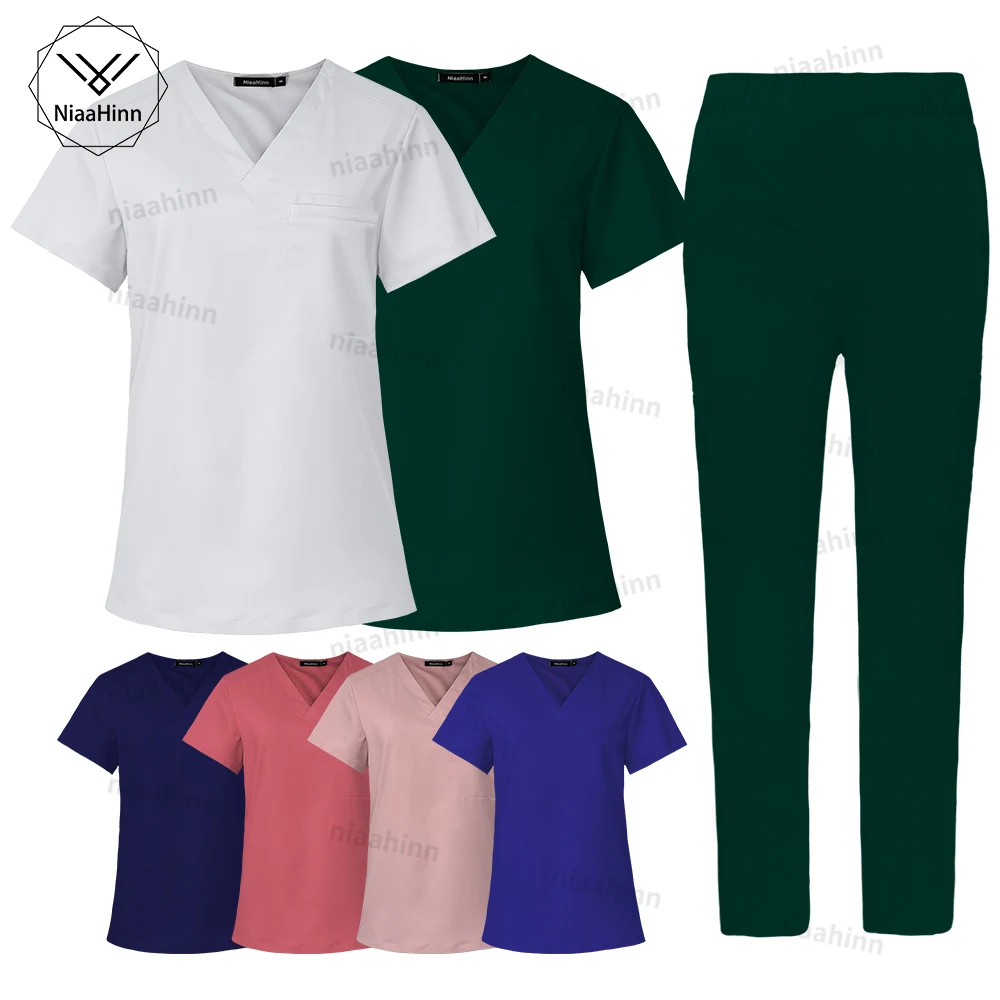 Conjunto de uniforme de enfermera para mujer, bata de laboratorio para Hospital, uniformes de enfermera de alta calidad, pantalones superiores de