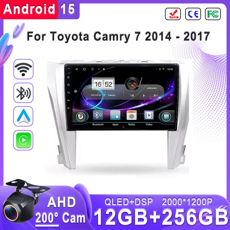 Android 15 2K Incell Screen Multimedia For Toyota Camry 7 2014 - 2017 High-performance CPU GPS Navigation HDR BT Car Electronics