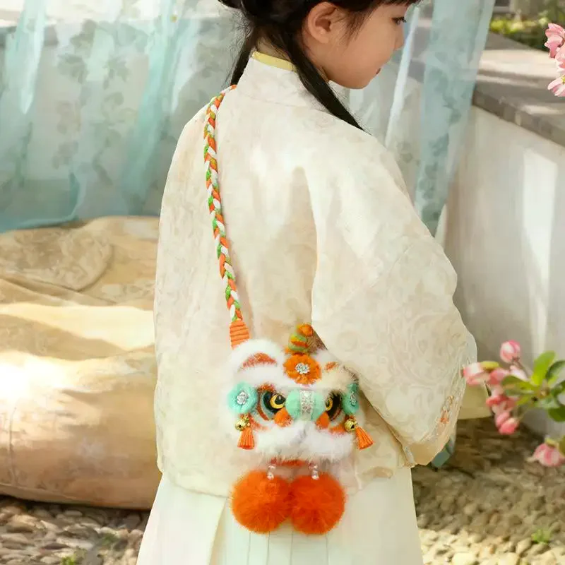 

Chinese Style Lion Dance Plush Crossbody Bag, Handmade Shoulder Key Wallet, New Year Accessory for Women