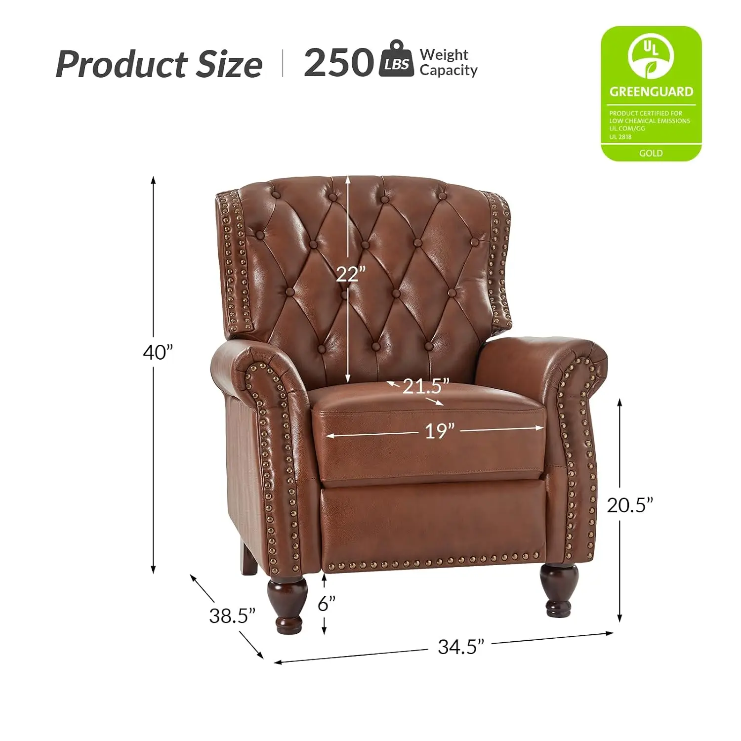 Genuine Leather Recliners with Button Tufted Design, Brown