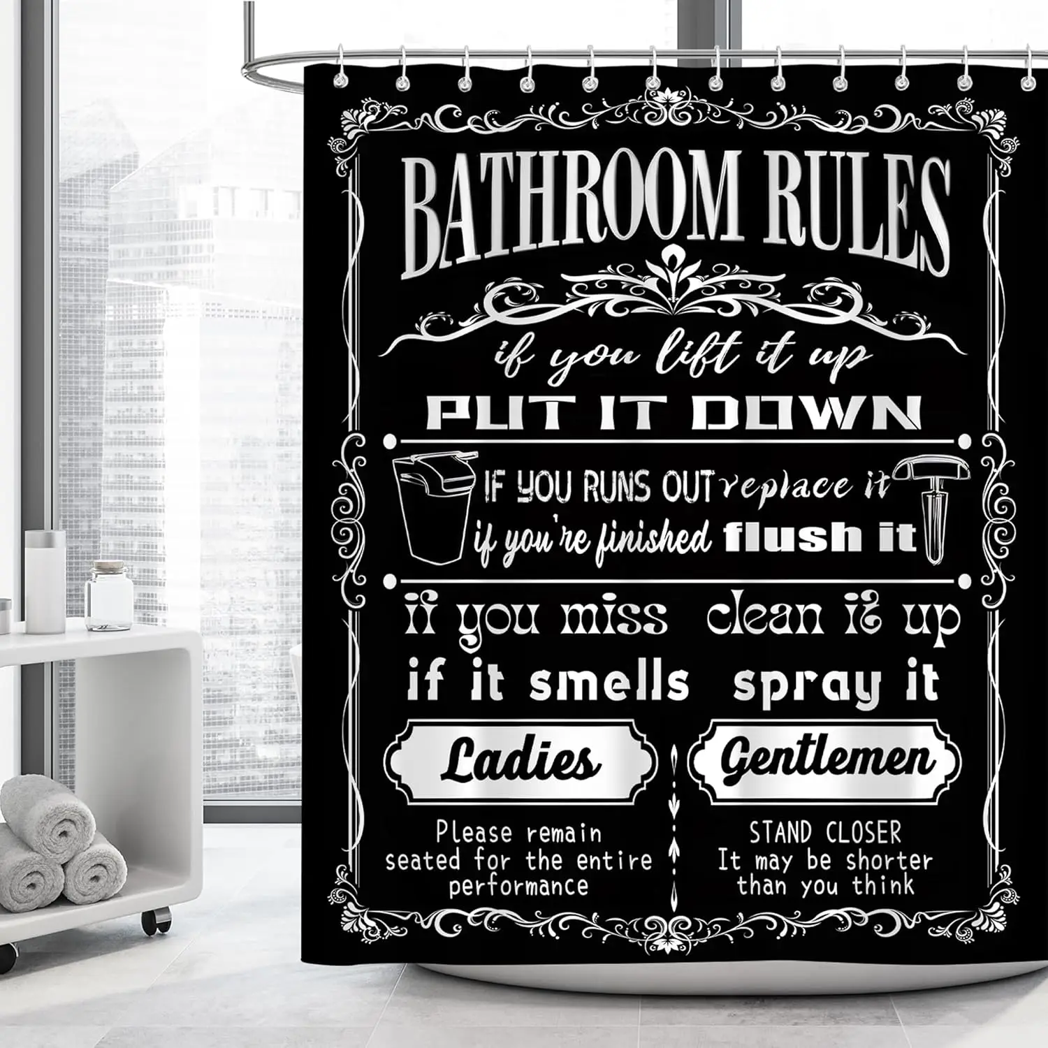 Funny Quotes Shower Curtains, Cool Black and White Bathroom Rules Fun Modern Bathroom Curtain, Polyester Waterproof Bathroom