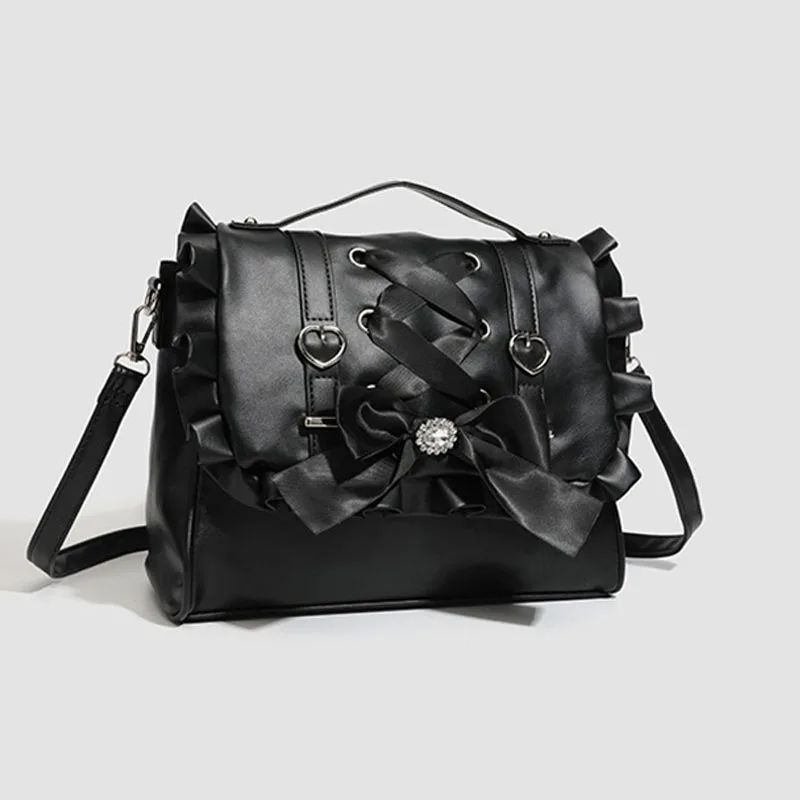 Retro Y2K Itabag New Women's Sweet Bow Tote Bag Detachable Ruffle Bow Women's PU Leather Anime Bag for Women Daily Cosplay