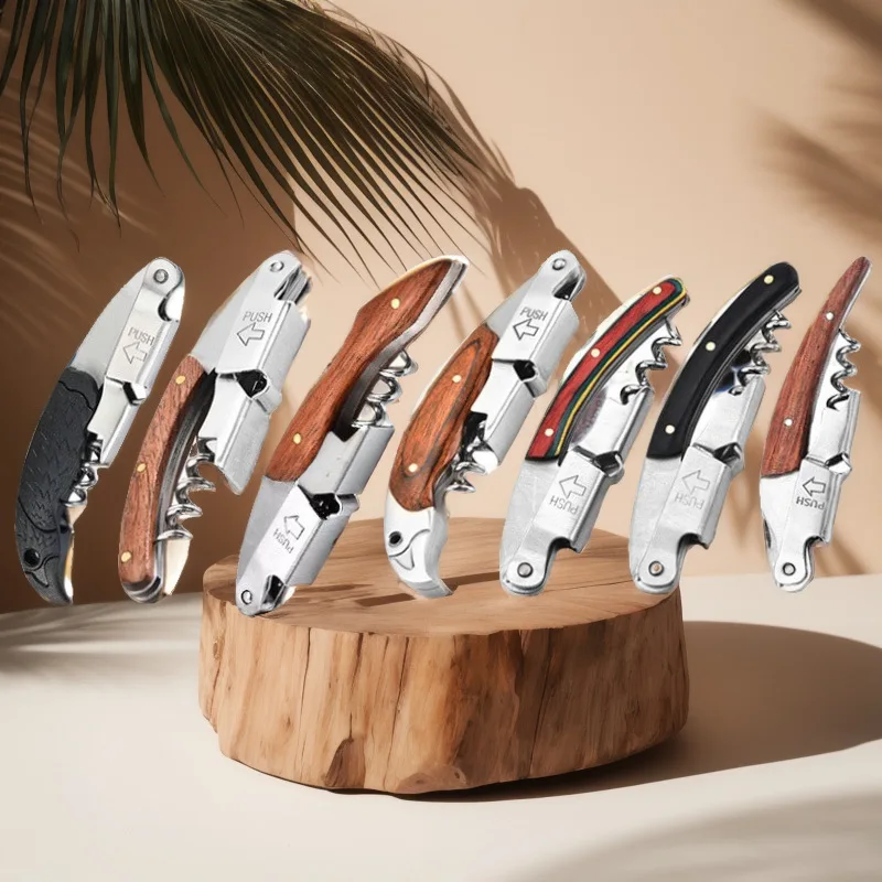

Wine Corkscrew Stainless steel Bottle Opener with Cutter Beer Caps Remover Portable Tool Bar Key Wood Handle Professional Tools