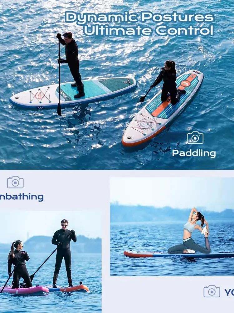 WNOVA Aufblasbares Stand-Up-Paddleboard 335x86x15cm, 190KG maximale Belastbarkeit, breites SUP-Surfbrett für 2-3 Personen mit verstellbarem Paddel, Pumpe, 3 Finnen, Leash, Rucksack und wasserdichter