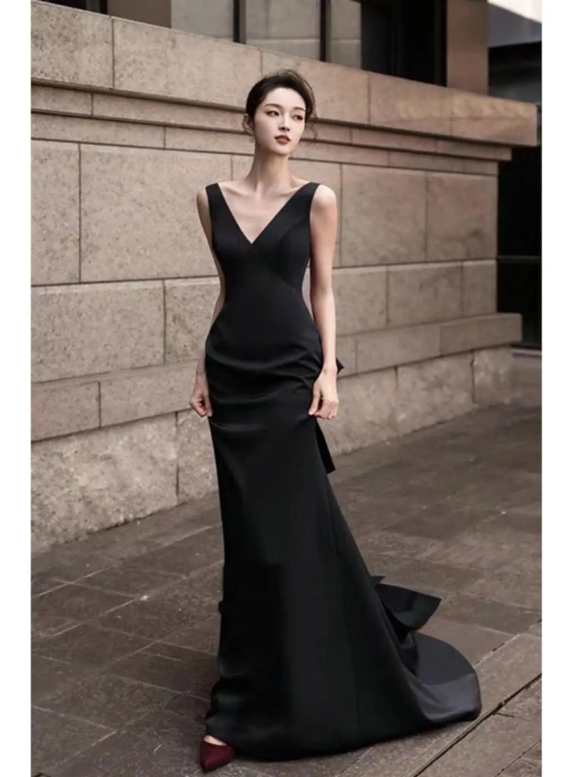 

Bla Deep V-ne Stage Host Piano Performance Evening Dr Car ow Ball Dinner Par Angel Wedding Gown Korean Sle A-lin...