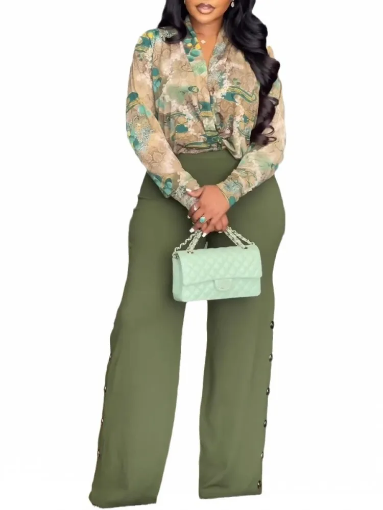 2 Pieces Women\'s Sets 2025 Spring Autumn Flower Print Shirt Blouse Suit Tops And Pants Suits Two Piece Set Tracksuit Outfit