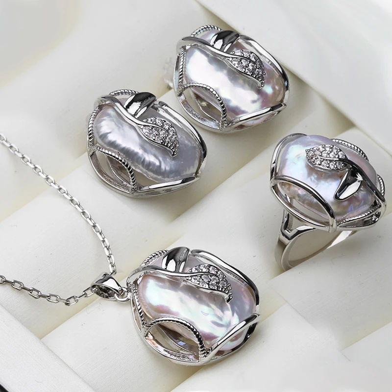 Natürliches Süßwasser-Barockperlen-Set mit Halskette und Ohrringen für Damen, großes 925er-Silber-Perlen-Schmuckset, Geburtstagsgeschenk für Ehefrau oder Mutter, weiß. – Detail 2