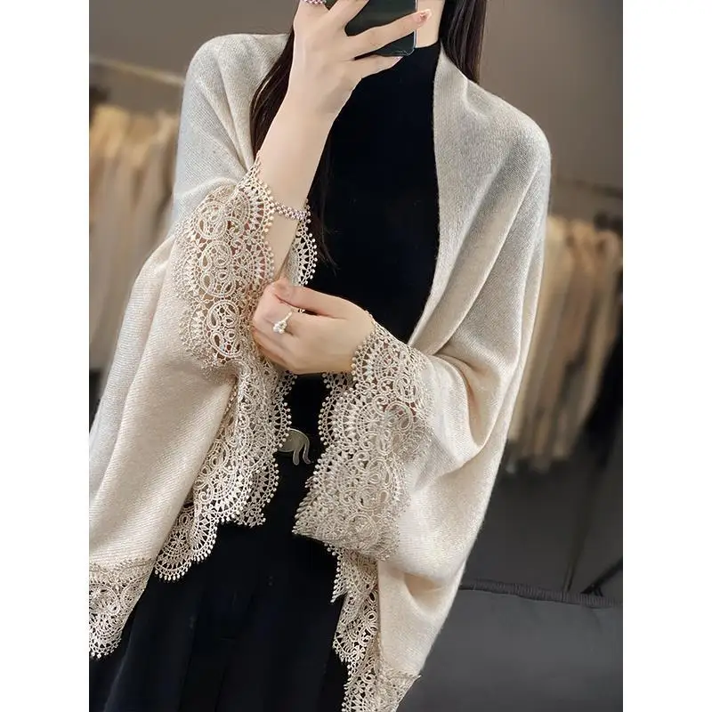 

Women's Sweater Coat Spring Autumn Loose Mid-Length Cardigan Fashionable Elegant Cape Shawl