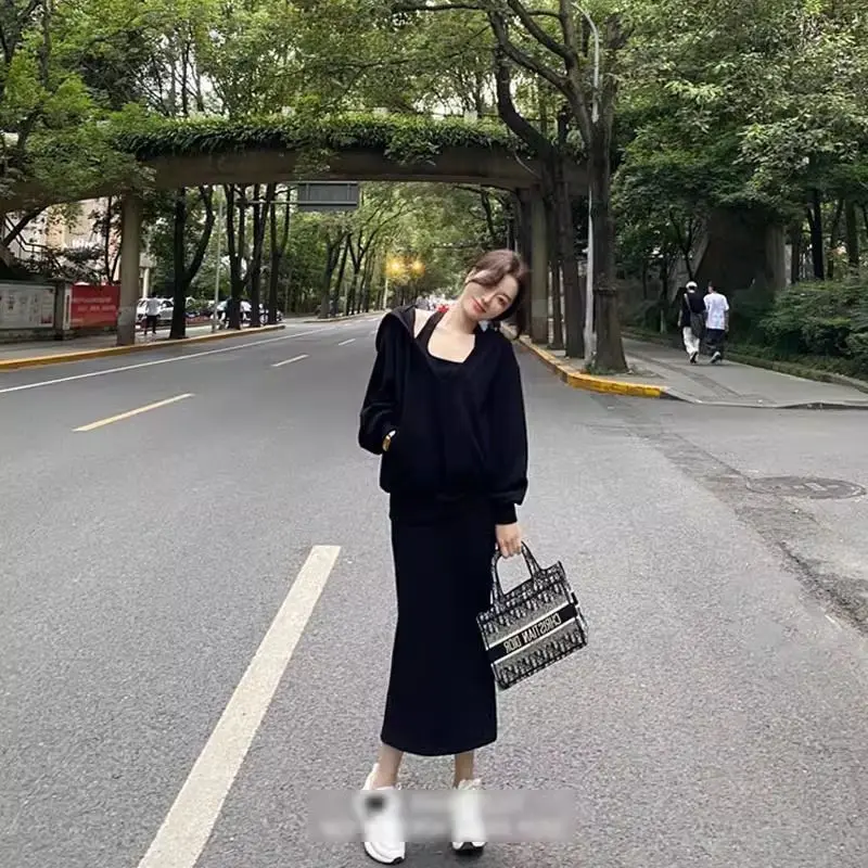 Autumn Winter Skirt 2 Piece Set Women Korean Casual Hooded Sweatshirt Sling Dress Sets Loose Hoodie Dress Sets Women'S Clothing