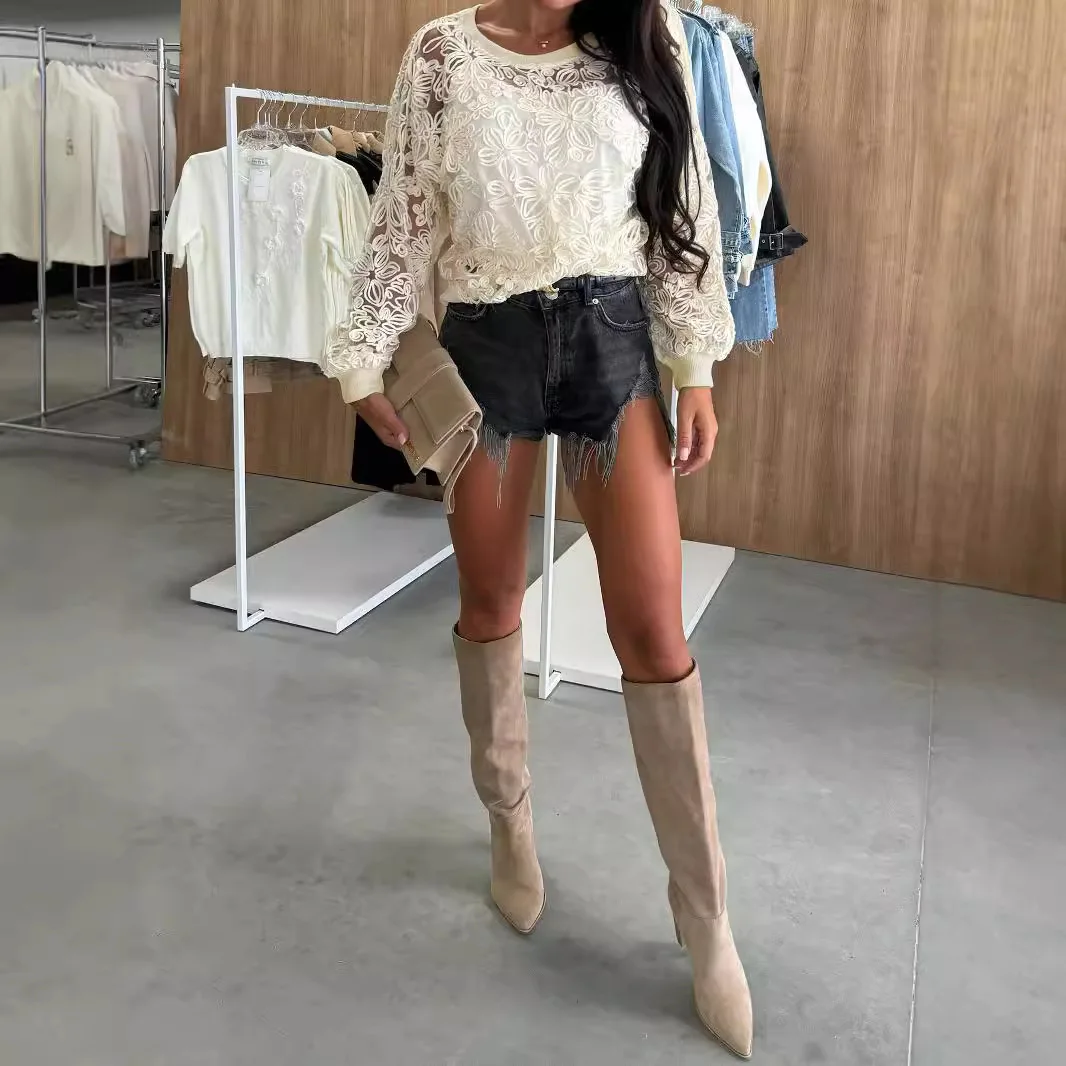 Elegant  Hollowed-out Lace Shirt Women Round Neck Embroidered Lace-Up Two-Piece Tank Top Set Spring Fashion High Street Top