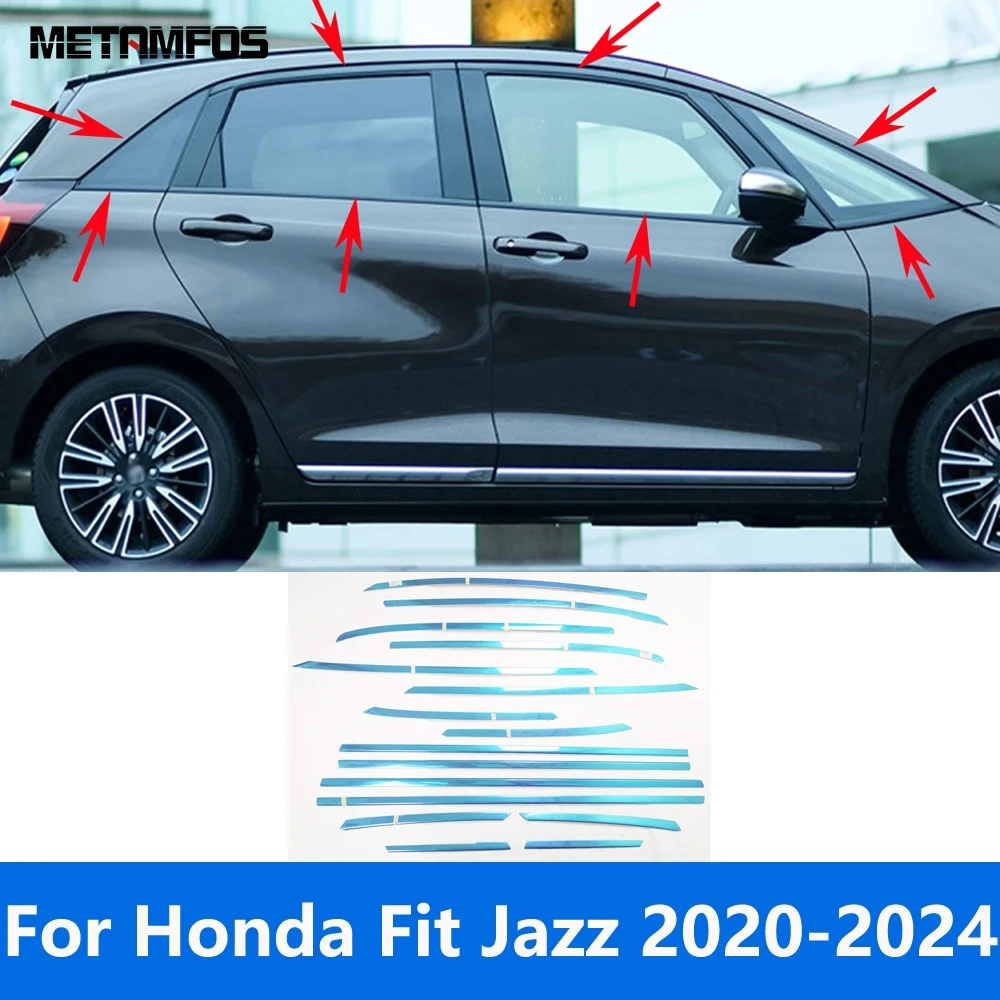 

Для Honda Fit Jazz 2020 2021 2022 2023 2024, верхняя + нижняя оконная рама из нержавеющей стали, накладка на порог, аксессуары для литья отделки
