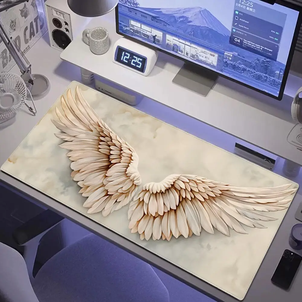 

HYBXAXC Gothic White Angel Wings Desk Mat - Sparkle Feather Large Mouse Pad Non-Slip Waterproof Gaming
