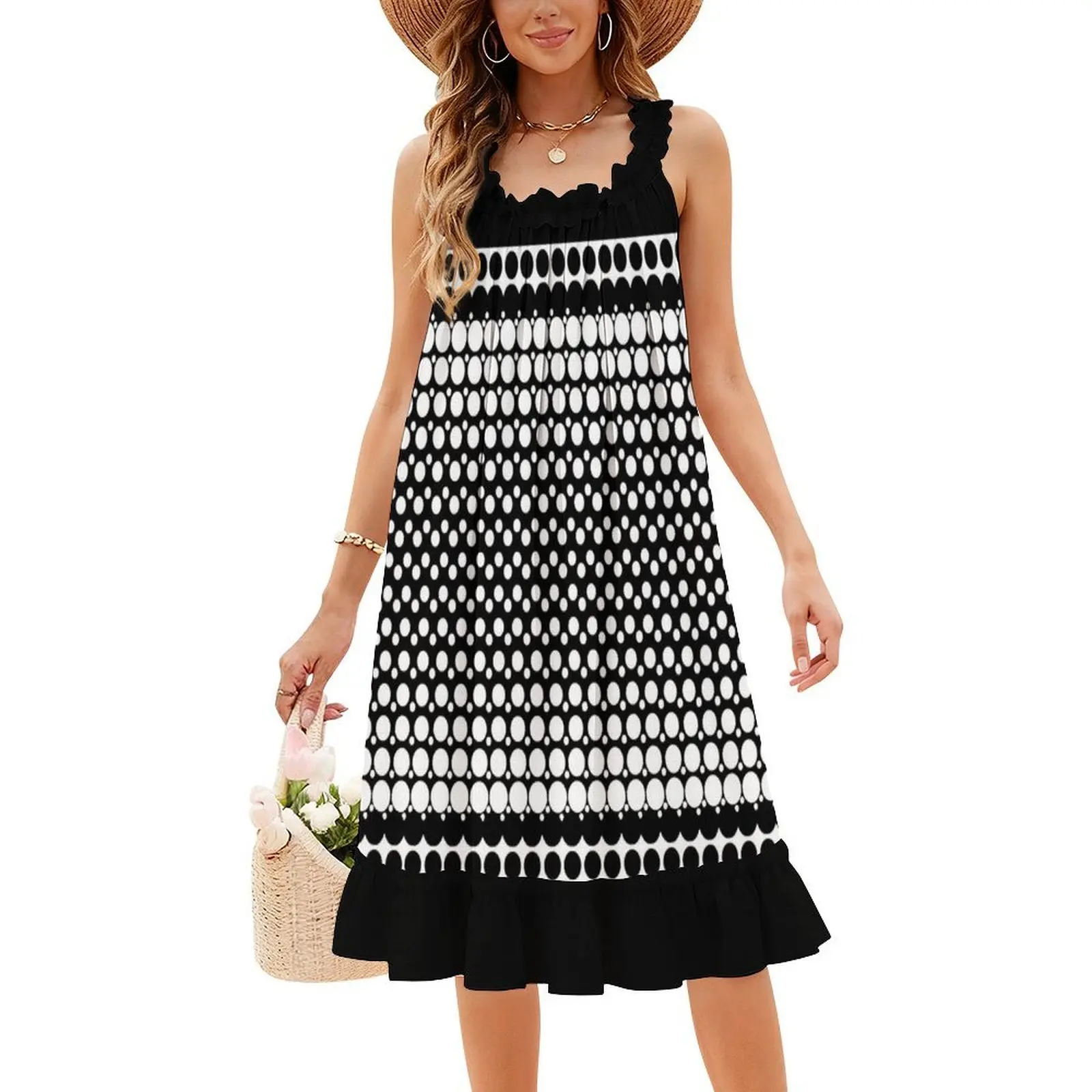 أبيض وأسود البوب النقاط 4 فستان بصدر مفتوح فستان حفلة صيفي أنيق للنساء أبيض وأسود نصف لهجة النقاط البولكا #4