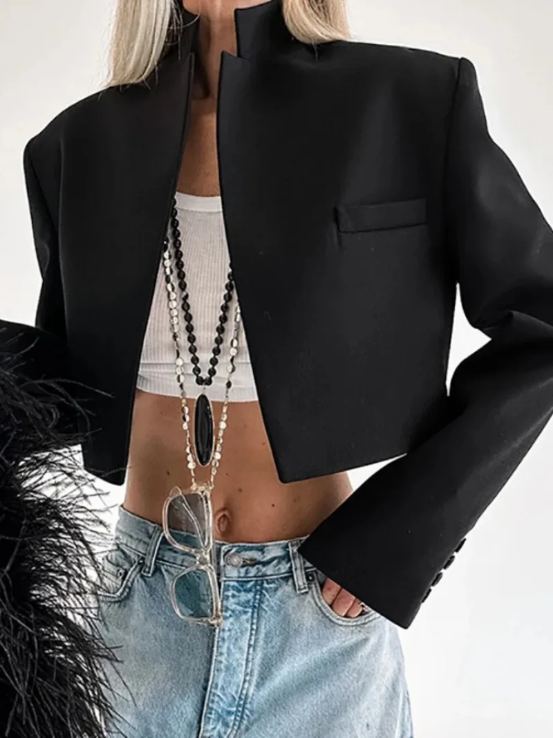 

2025 Fashion Woman Clothing Solid Black Short Blazers Autumn Office Lady Long Sleeve Cropped Tops Female Slim Outerwears Coats