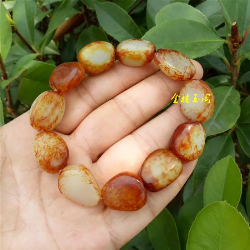 and Refined Hetian Jujube Red Color Jade Pebble Rough Stone Bracelet