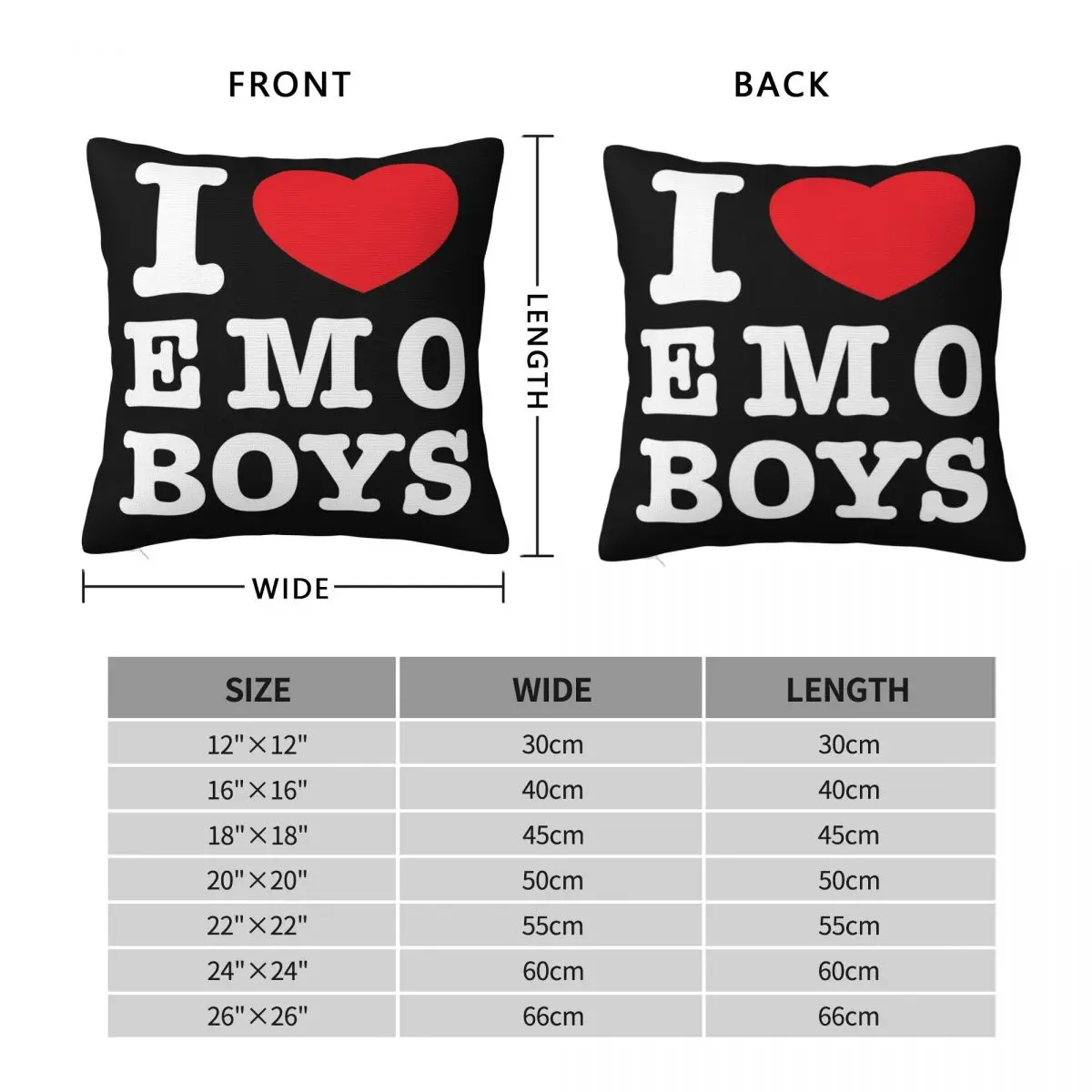 I Love Or Heart Emo Boys In Black Square Pillowcase Pillow Cover Polyester Cushion Decor Comfort Throw Pillow for Home Sofa