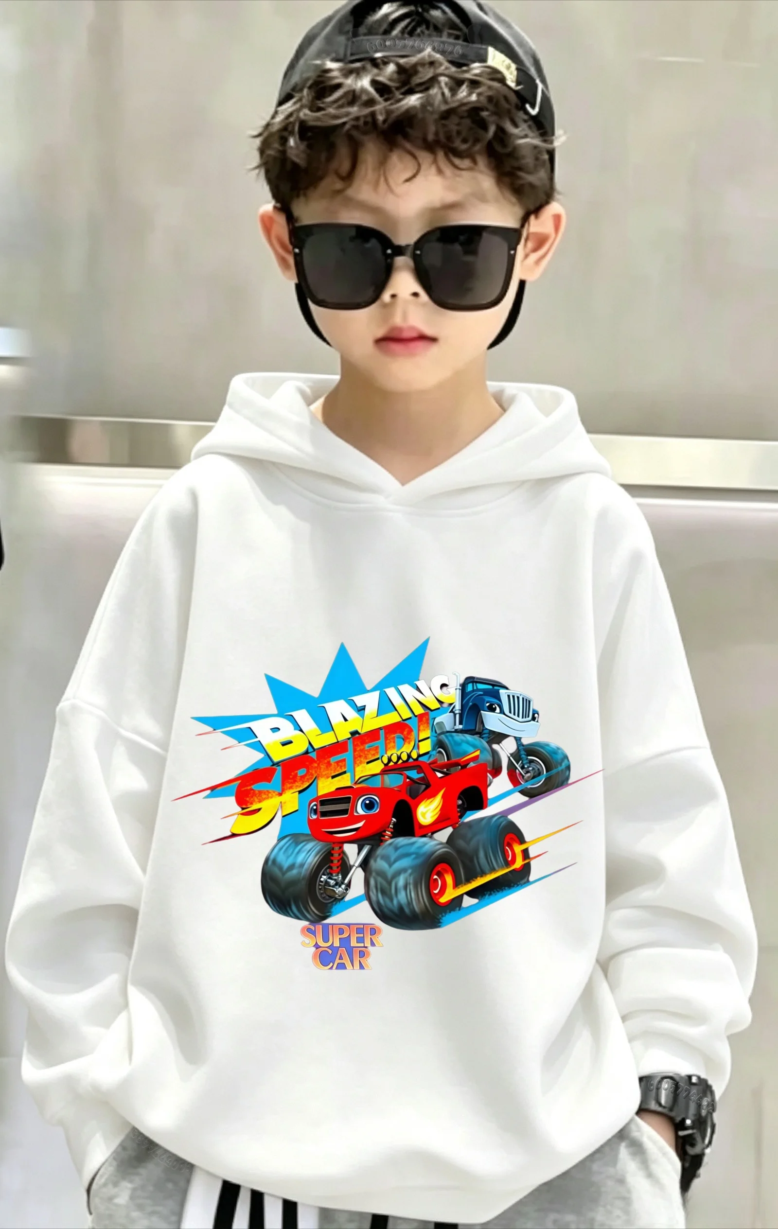 Autumn/Winter Fun Monster Machine Pattern Children's Hooded Sweatshirt, Medium-Sized Baby Warm Hooded Sweater