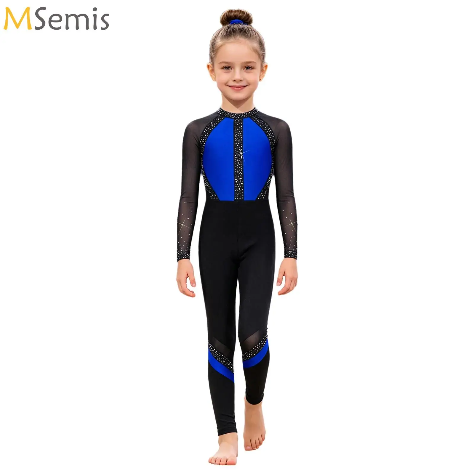 Kid Girls Long Sleeve Figure Skating Full Bodysuit Jumpsuit Ballet Dance Gymnastics Leotard Rhinestones Unitard Practice Costume