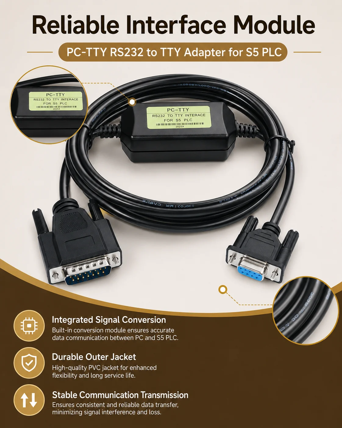 PC-TTY 5V PLC Programming Cable, DB9 Female to 25-Pin Male Upload Download Lead for Siemens S5 6ES5734-1BD20