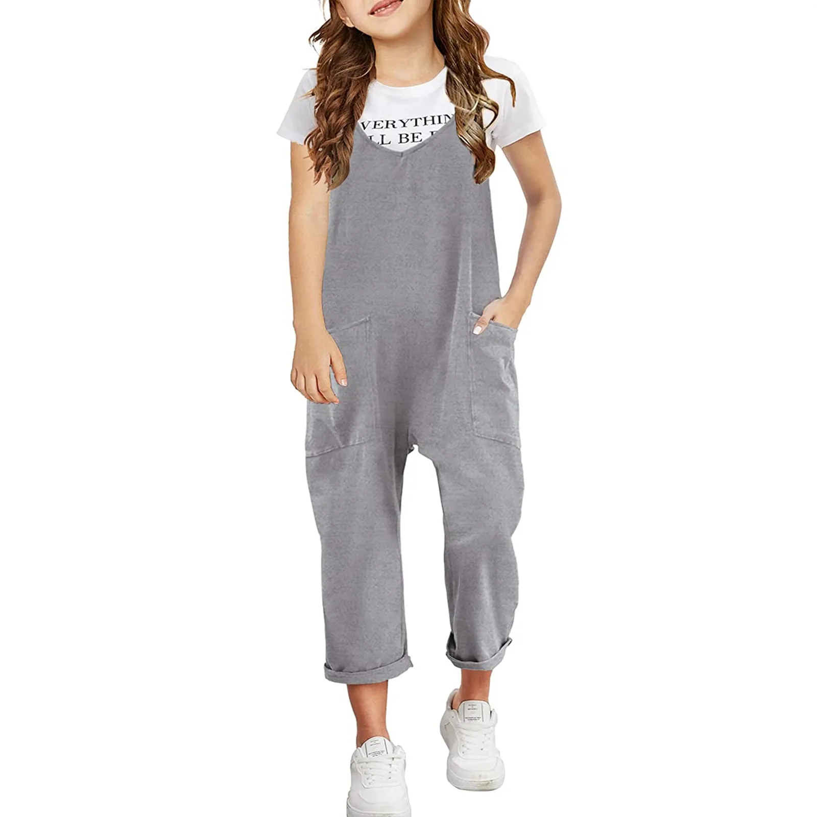 Girls Casual Sleeveless Jumpsuits Spaghetti Strap Loose Overalls Rompers Long Pants With Pocket 1 Gender Neutral Baby Clothes