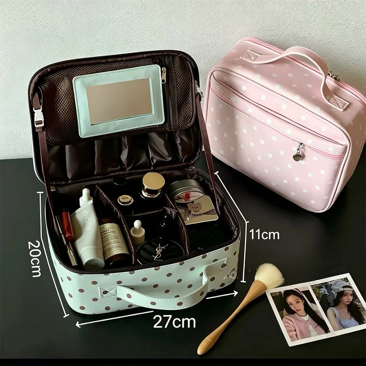 Large Capacity Polka Dot Makeup Bag for Women Folding Cube Travel Cosmetic Bag Portable Zipper Toiletry Storage Pouch for Trip