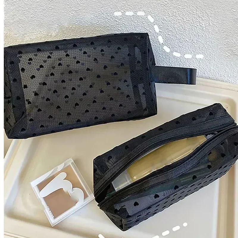 Neceser borsa cosmetica da viaggio a cuore nero borsa da toilette piccola grande in rete di moda borsa per cosmetici con cerniera trasparente