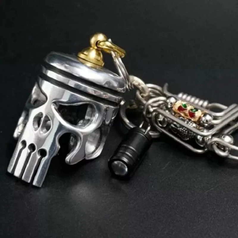 Piston Art Keychain Skull Pendant Decor Accessories For Men Women Alloy Skeleton Keychains Keyring with Flashlight and Bottle