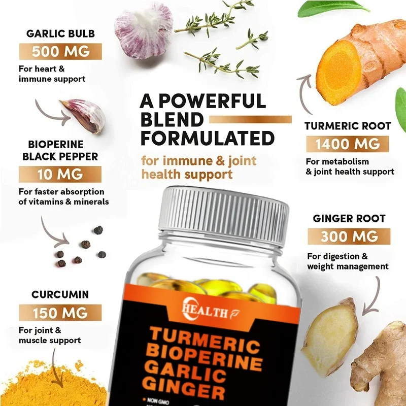 Turmeric Ginger Supplement with Pepperine 2360mg 4-in-1, Garlic Curcumin Black Pepper for Joints, Muscles, Digestion & Immunity