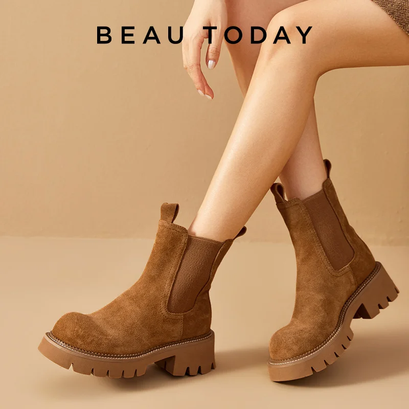 BEAUTODAY botki platforma kobiety krowa zamsz Chelsea Boots okrągłe Toe szycie gumką gruba podeszwa buty damskie 03D54
