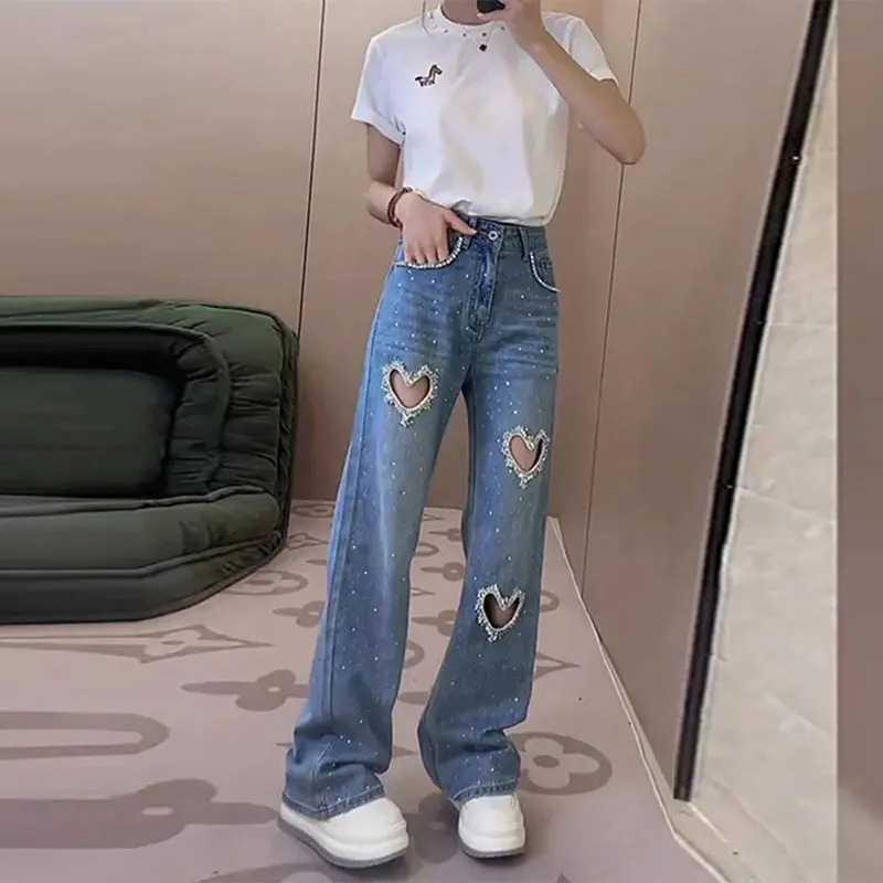 Love Perforated Fashion Jeans For Women Summer 2025 Diamond-Encrusted Beaded Hollowed-Out Straight Wide-Leg Trousers Female