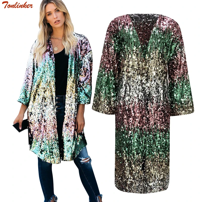 New Sequins Sexy Long Cardigan Elegant Casual Women Gradient Color Loose Coat Open Stitch Feminino Ouro Lantejoula