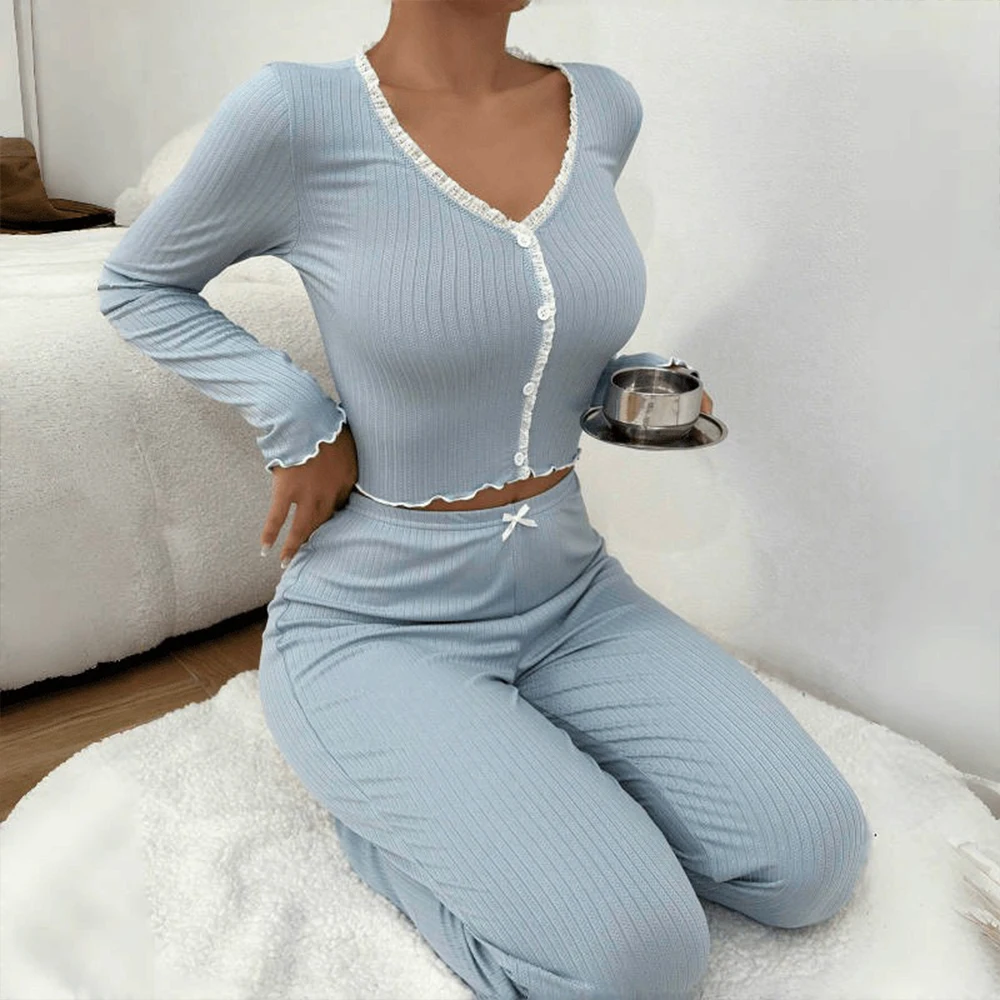 

New Pajamas Long Sleeve Long Pants Slim Fit Lace Trim Set Sleepwear Can Be Worn outside Home Comfortable warmth V-neck Nightgown