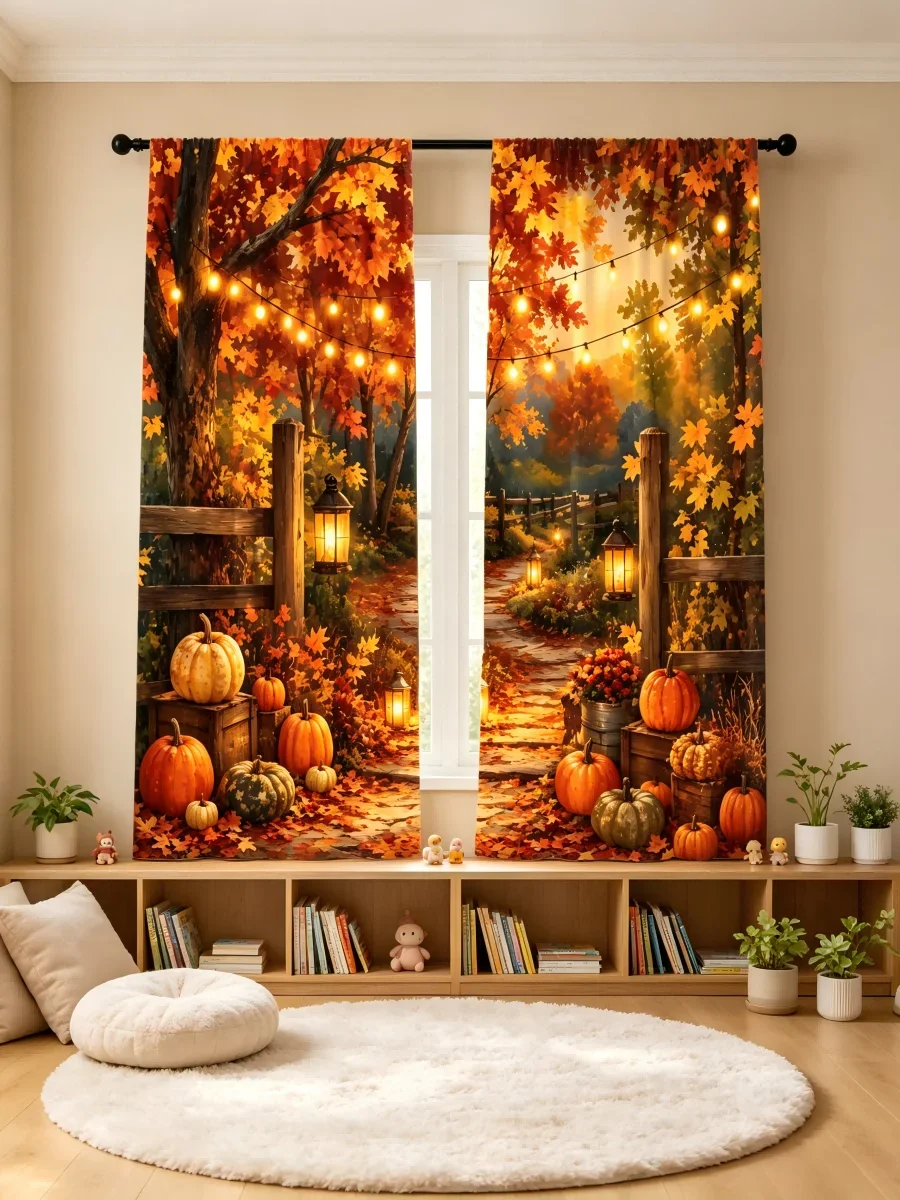 2PCS Digital Printed Curtain, Autumn Harvest Path with Pumpkins Maple Leaves and Lanterns, Thanksgiving Farmhouse Style Decor