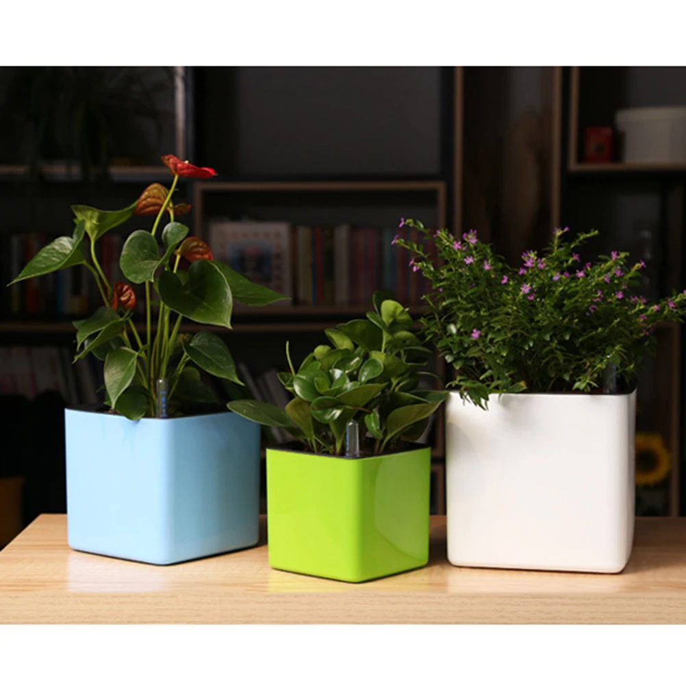 

2 Pcs Automatic Water Absorbent Flower Pot Self Watering Planter Square Desktop Plastic Lazy pots Large Capacity Cotton Rope