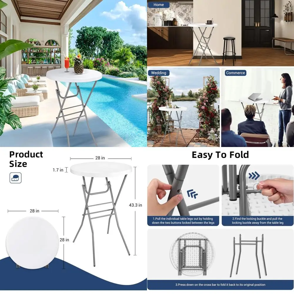 

White 28 Round High-Top Folding Table with Detachable Legs, Portable for Outdoor and Indoor Events, Ideal for Parties, Banquets,