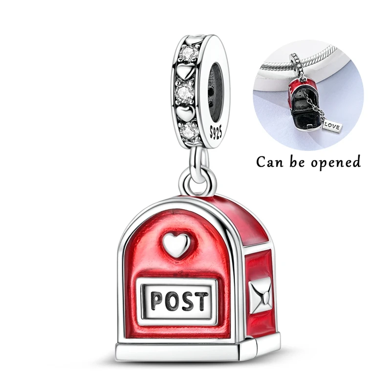 Öffnbarer Briefkasten-Anhänger, Perle aus 925er Sterlingsilber mit Zirkonia, passend für Original-Armbänder, DIY-Schmuck, Geschenk