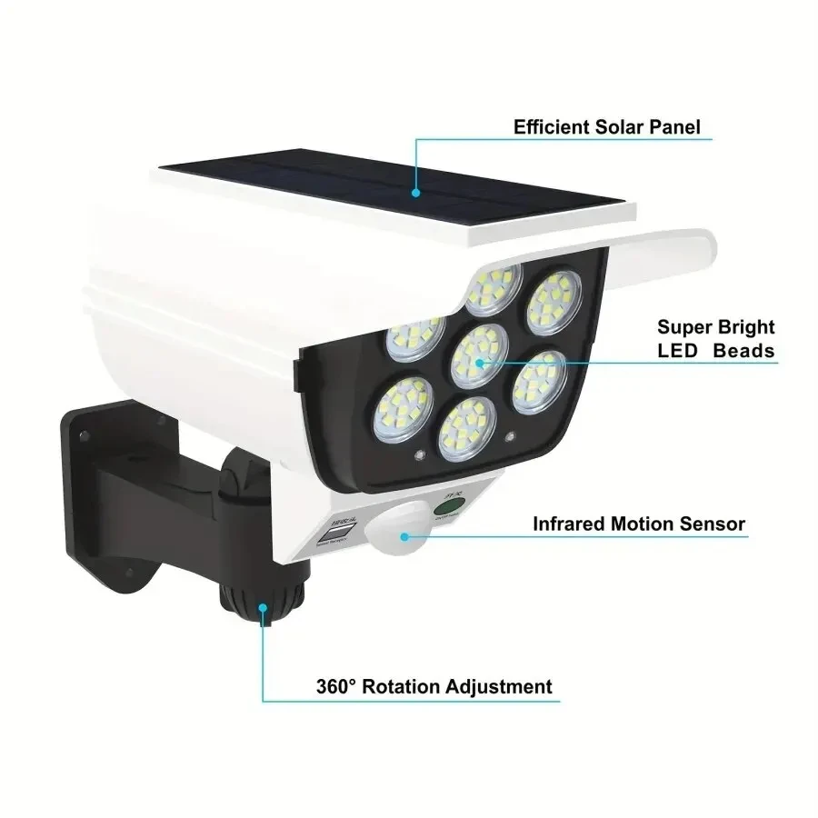 77 LED capteur de mouvement extérieur lumières solaires projecteur étanche sans fil factice leurre fausse caméra de sécurité pour porche jardin Patio