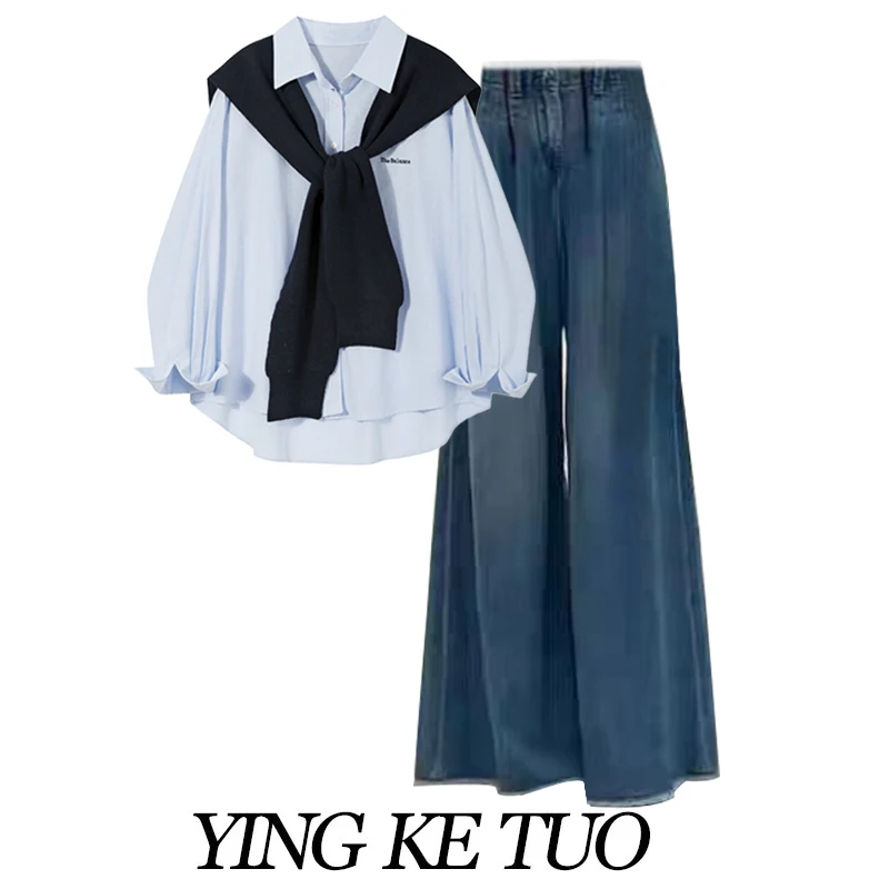 Korean Sle plus Size Spring Set Women's irt oulder High Waist Wide Leg Jeans Tee Piece Set Age Reduction Casual Faion
