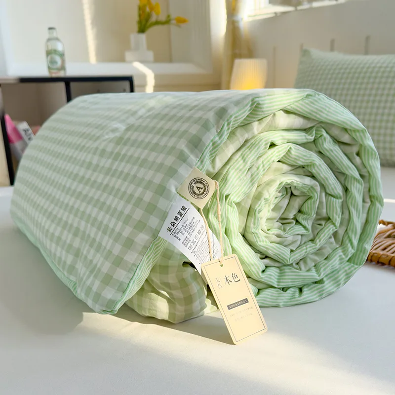 Japanese Grid Summer Air-Conditioned Quilt Cozy Breathable Check Cooling Blanket for Bed Super Soft Polyester Cotton Home Decor