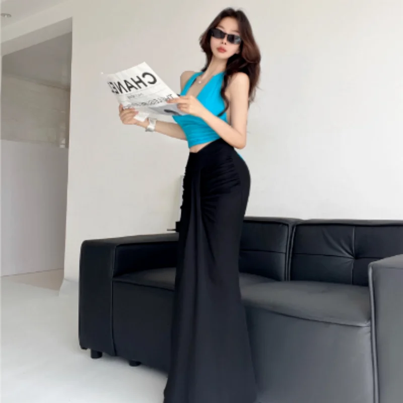 

Low Waist Pleated Women's Skirt Fish Tail V-Neck Design Full Hip Bodycon Midi Dress Casual Style Polyester Fiber A-Line Skirt