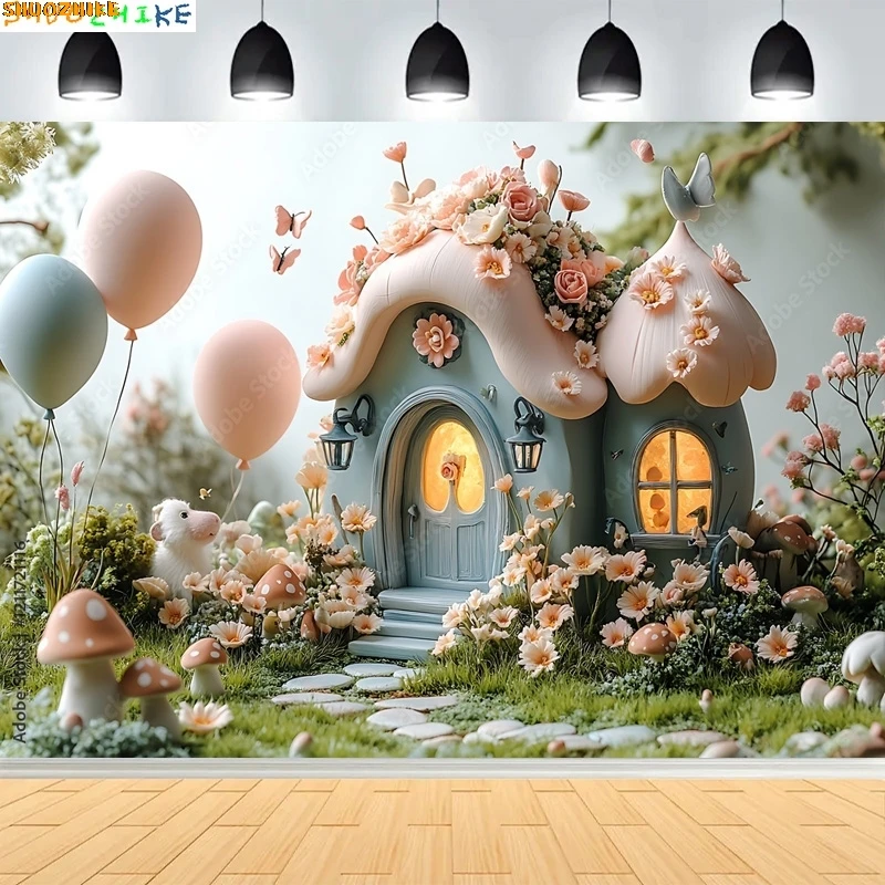 

Fairy Tale Mushroom House Photography Backdrops Baby Photoshoot Kids Newborn Children Birthday Party Photo Background FG-01