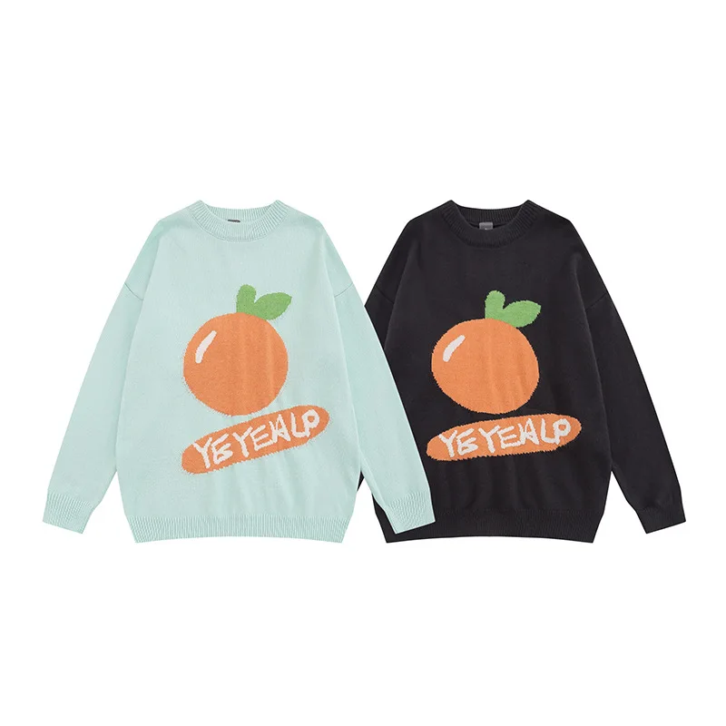 Orange Jacquard Knitted Sweater Mens Autumn Winter Casual Loose Crew Neck Long Sleeve Pullover Men