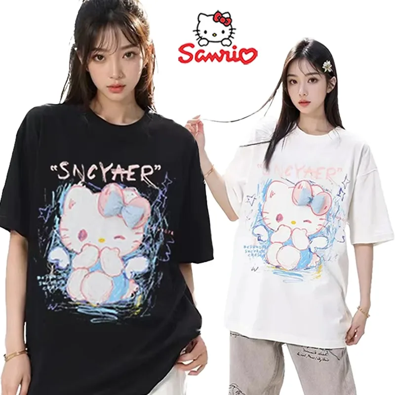 Sanrio Hello Kitty T-shirt Woman Summer Short Sleeve 3D Bow Top Cartoon Casual Loose Cotton Top Y2k Hip Hop clothing Girls Gift