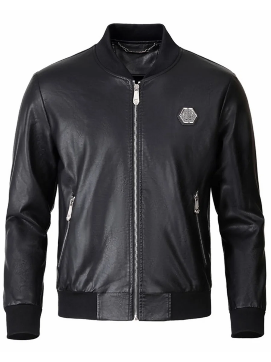 

Trendy PP Rhinestone Tiger Head Men's Slim Fit Casual Cotton Jaet Autumn Winter Leather Jaet Faion Urban Sle Zipper C...