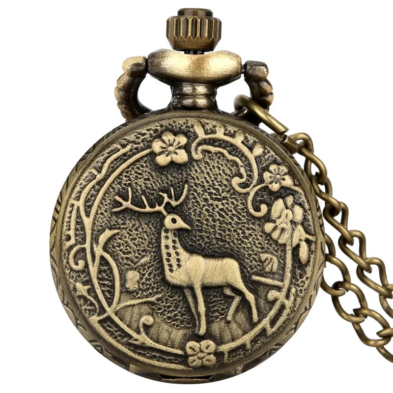 Montre de poche analogique à quartz pour hommes et femmes, motif de cerf d'élan 3D en bronze, affichage des chiffres arabes, horloge, collier, petite taille, JOGift Reloj