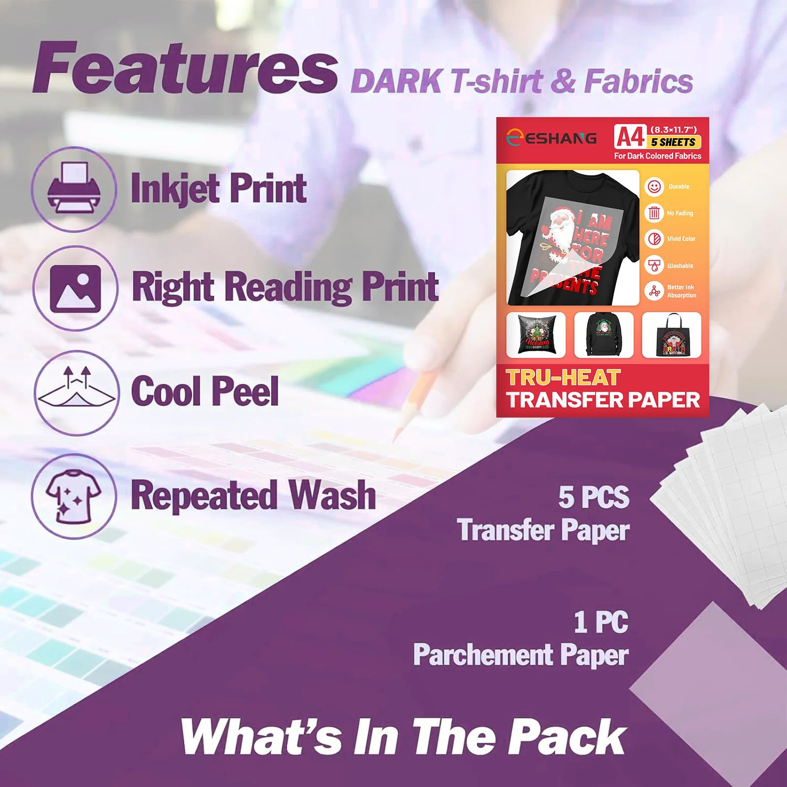 A4 Size 5 Sheets Iron-On Transfer Paper for Dark Fabrics Washable Durable Transfer Paper Compatible Inkjet Printing