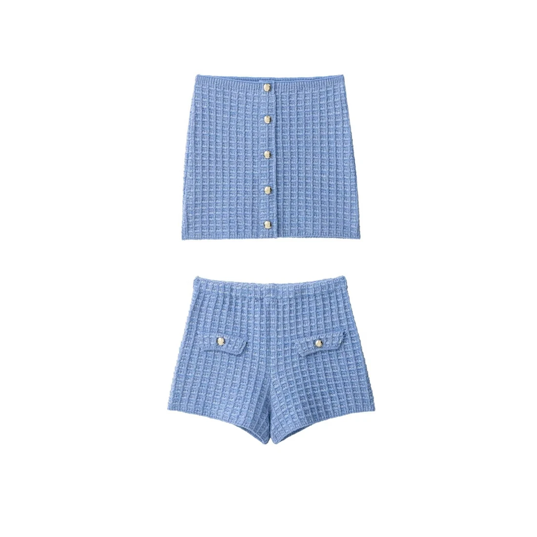 Women's Fashion Solid Color Knit Texture Two Piece Set 2025 Stretchy Chest Wipe Shorts Set New Style