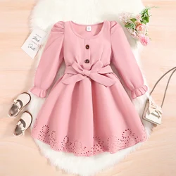 Autumn New Dress Kids Girls 4-7 Years Little Girl's Long-Sleeved Dress With Pink Hemline Burned Flower Elegant Princess Dress