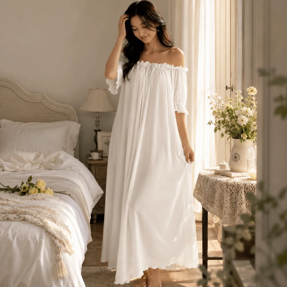Elegant Off Shoulder Sheer Nightgown Ruffle Short Sleeve Ladies' Nightwear Transparent V-neck Mesh Nightdress Sleep