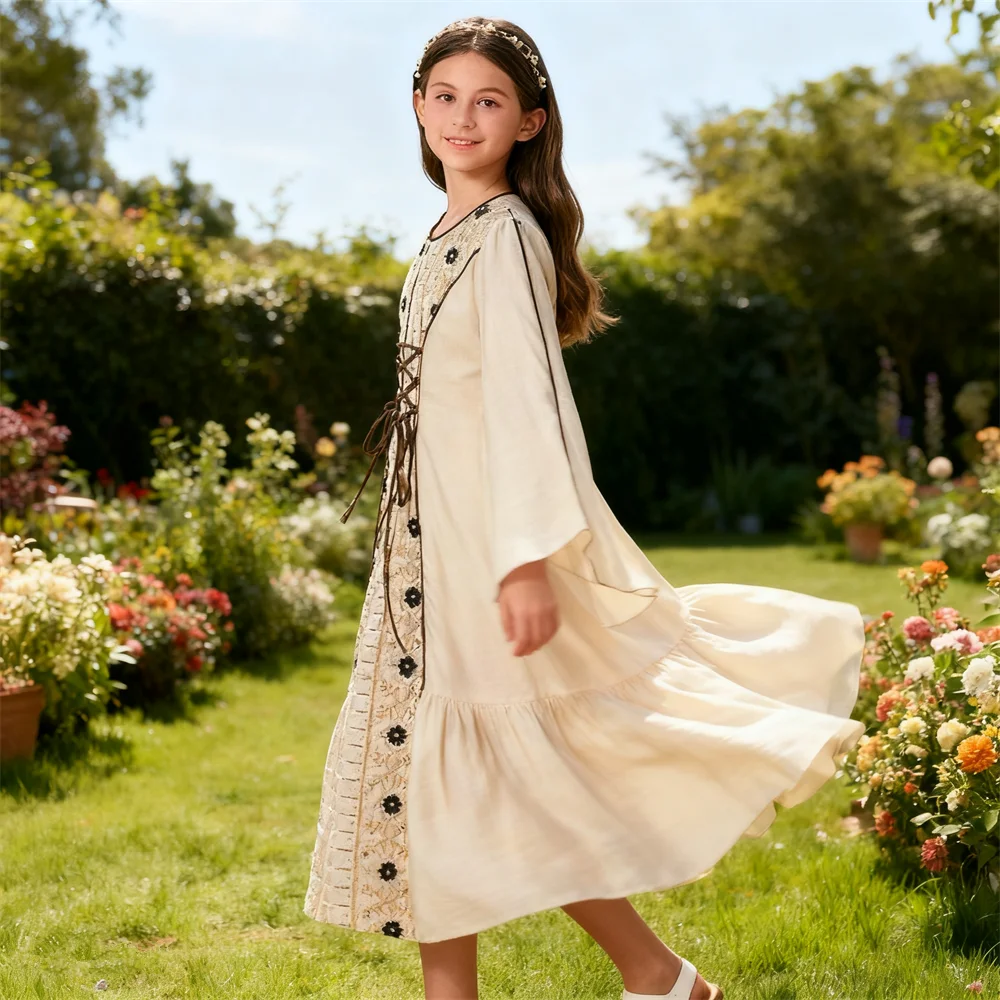 

Muslim Girls Lace Up Maxi Dress Dubai Abaya Turkey Kaftan Eid Djellaba Kids Party Dresses Ramadan Caftan Morocco Robe Jalabiya